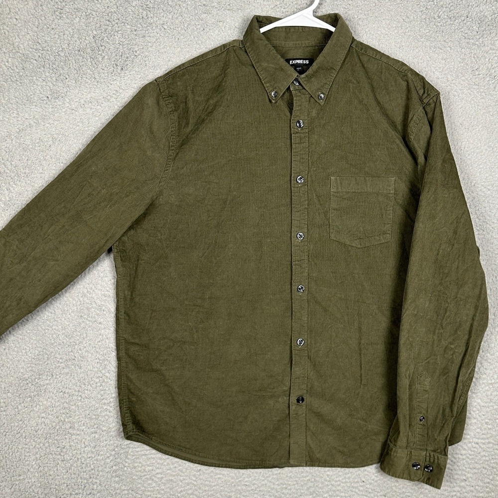 Express Shirt Mens XL Corduroy Olive Green Long Sleeve Button Down Stretch EUC